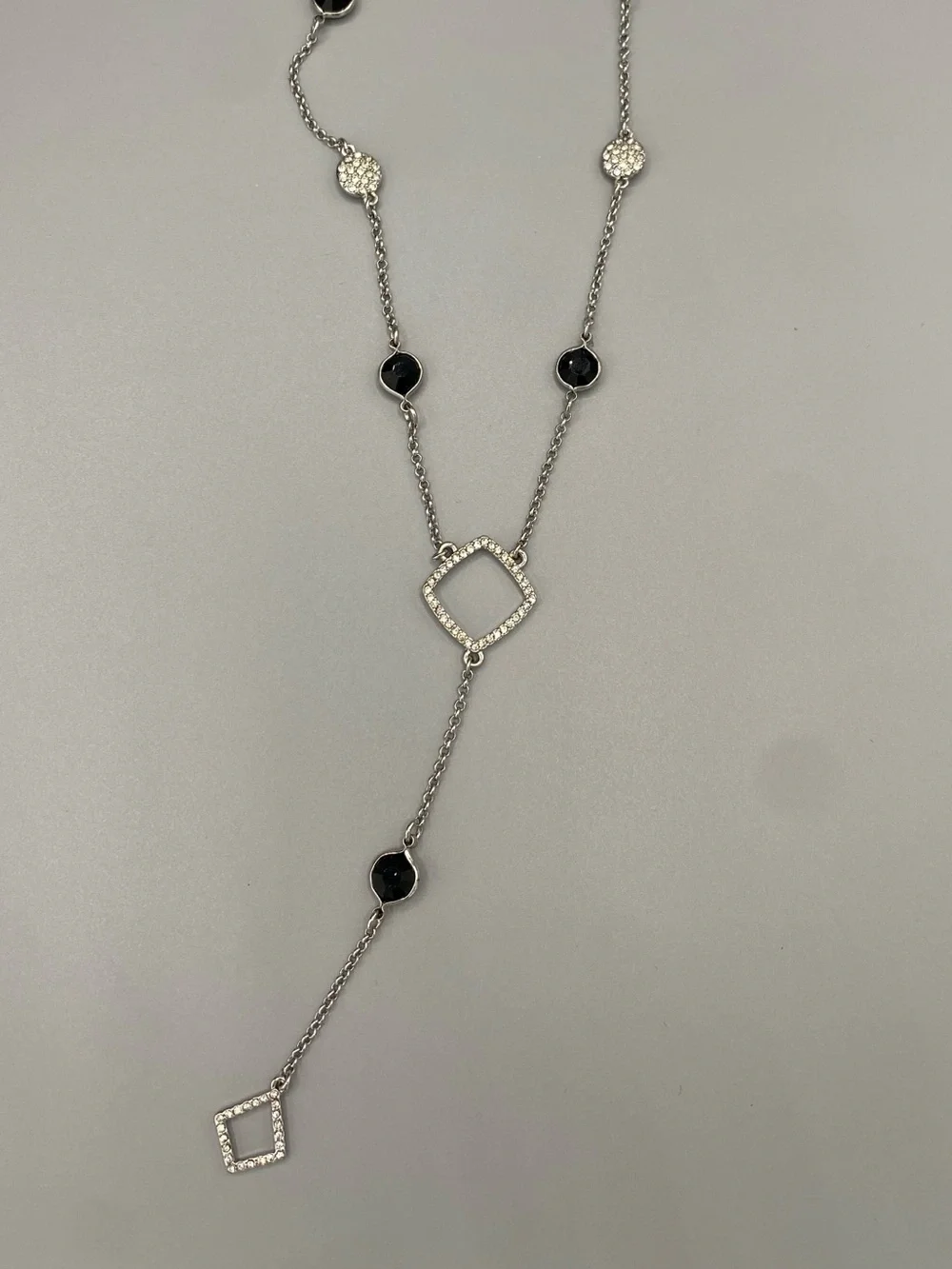 WHBM Sterling Silver‎ Lariat Necklace with Black Crystal Accents